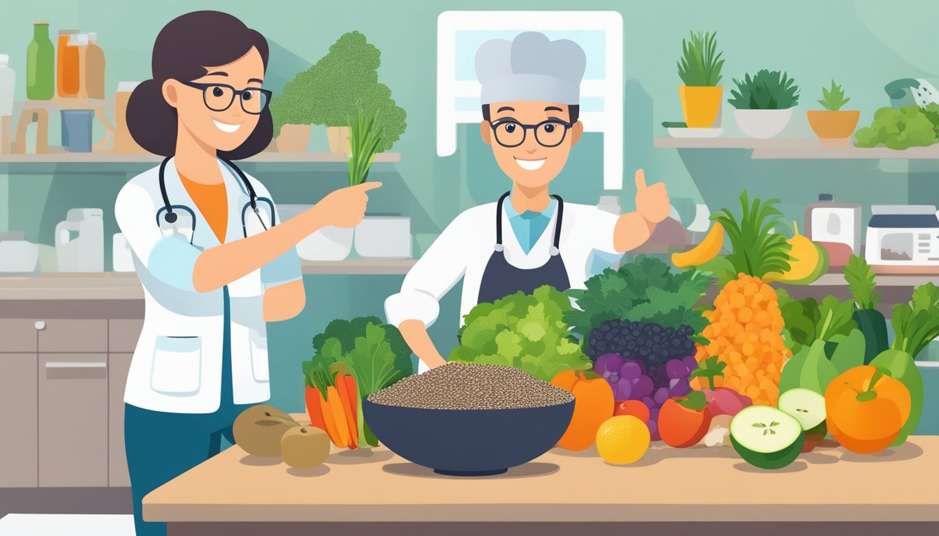 A person with diabetes holding a bowl of chia seeds, surrounded by fruits and vegetables, with a medical professional giving a thumbs up