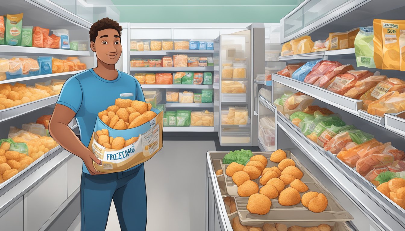 A person with diabetes holding a bag of frozen chicken nuggets, surrounded by various food items and a nutrition label