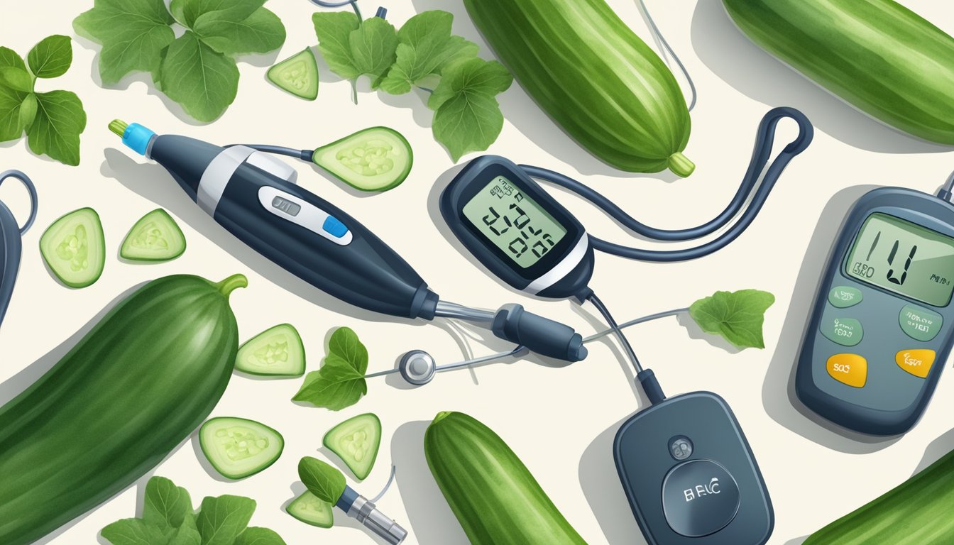 A cucumber plant surrounded by medical equipment and a blood glucose monitor