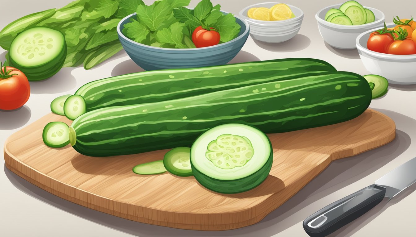 A diabestics slicing cucumber for a salad, with a bowl of fresh vegetables and a cutting board on the table