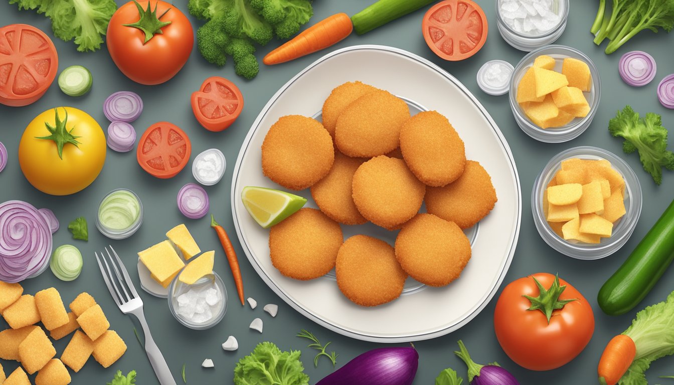 A plate of frozen chicken nuggets surrounded by various vegetables and a measuring tape