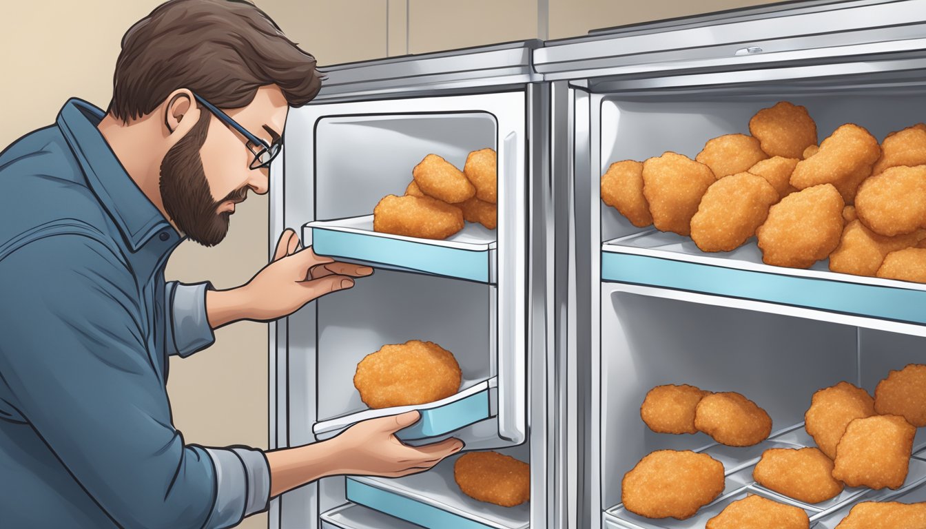 A diabetic person reaching into a freezer to grab a bag of frozen chicken nuggets