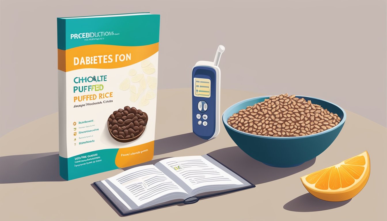 A bowl of chocolate puffed rice cereal sits on a table next to a diabetes education book and a plate of fresh fruit