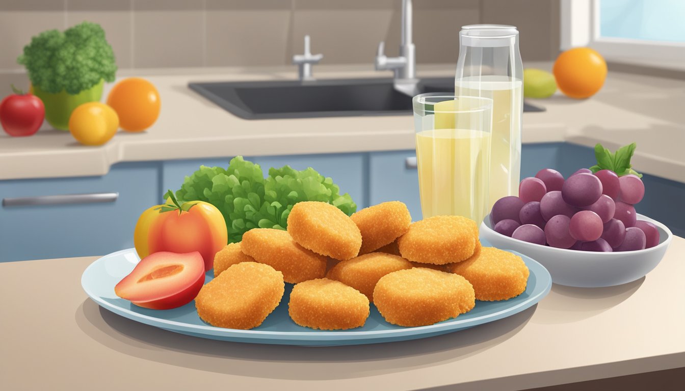 A plate of frozen chicken nuggets next to a variety of fruits and vegetables on a kitchen counter