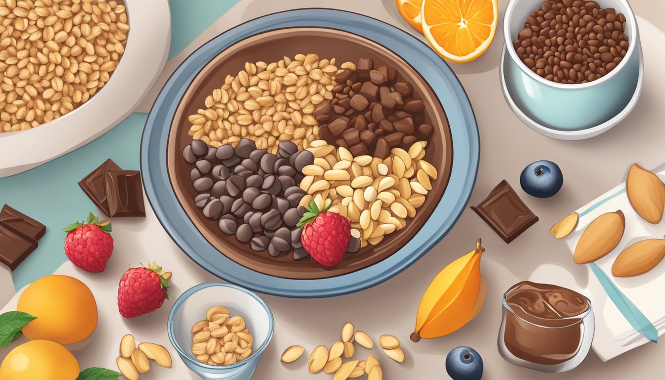 A bowl of chocolate puffed rice cereal surrounded by fresh fruits and nuts on a breakfast table