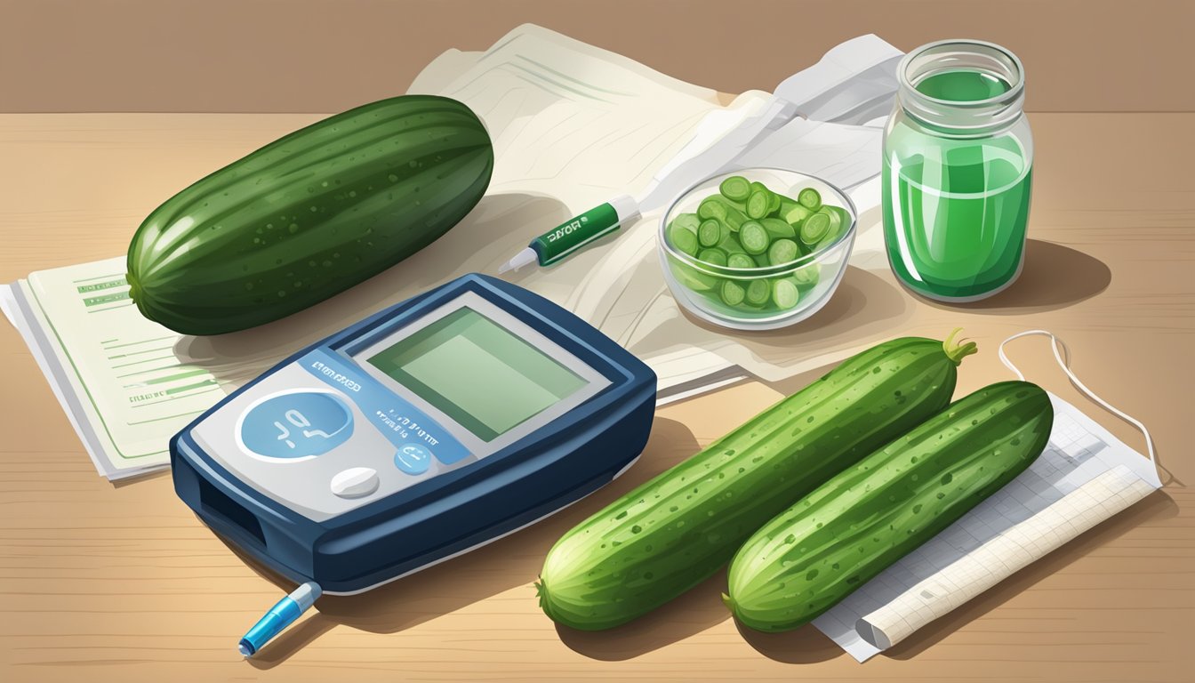 A cucumber, a glucose meter, and a medical pamphlet on a table