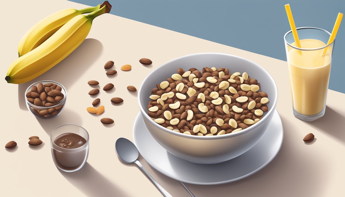 A bowl of chocolate puffed rice cereal, a glass of milk, a banana, and a handful of almonds on a table