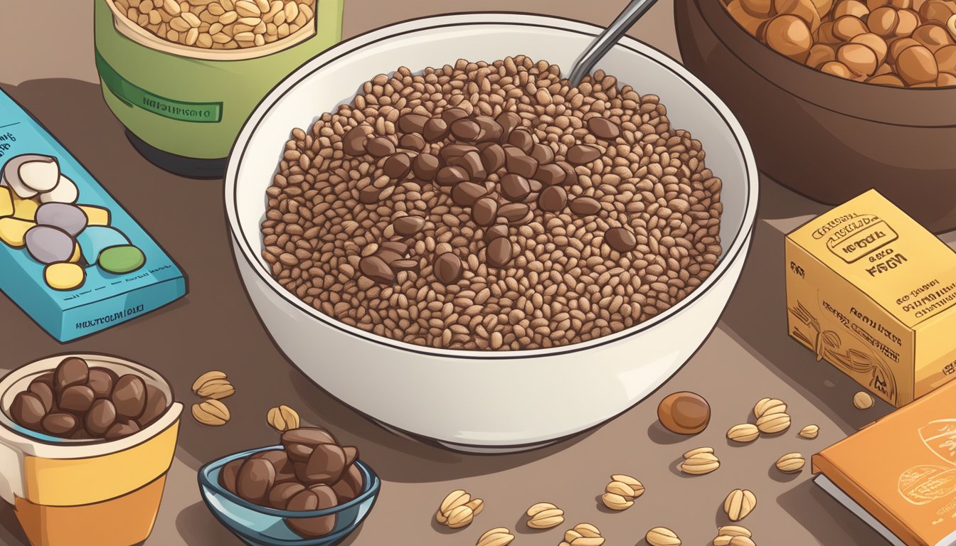 A bowl of chocolate puffed rice cereal sits on a table, surrounded by a variety of diabetic-friendly food items and a nutrition guide