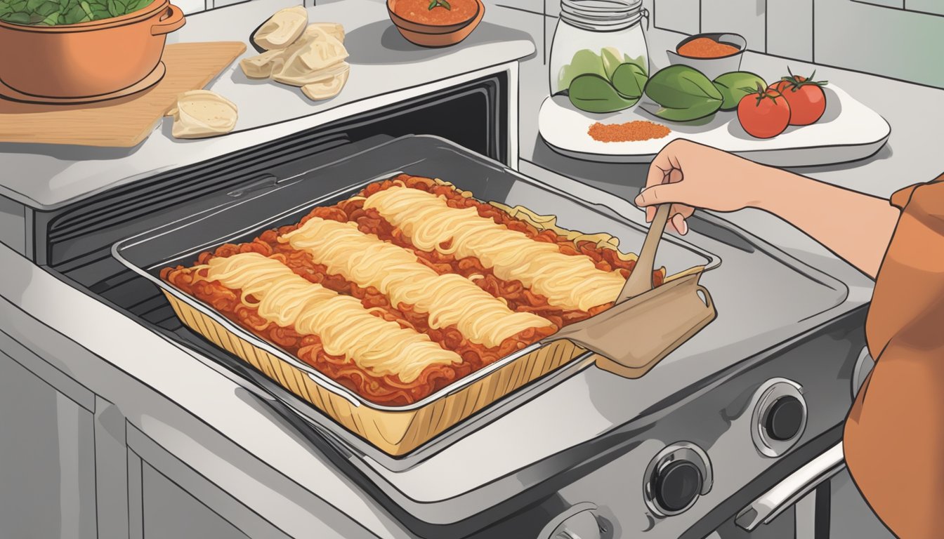 A person placing a frozen diabetic-friendly lasagna in the oven, surrounded by ingredients like whole wheat noodles, lean ground turkey, and low-sugar marinara sauce