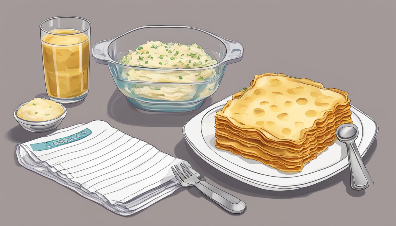 A plate of frozen lasagna next to a measuring cup and a portion control guide