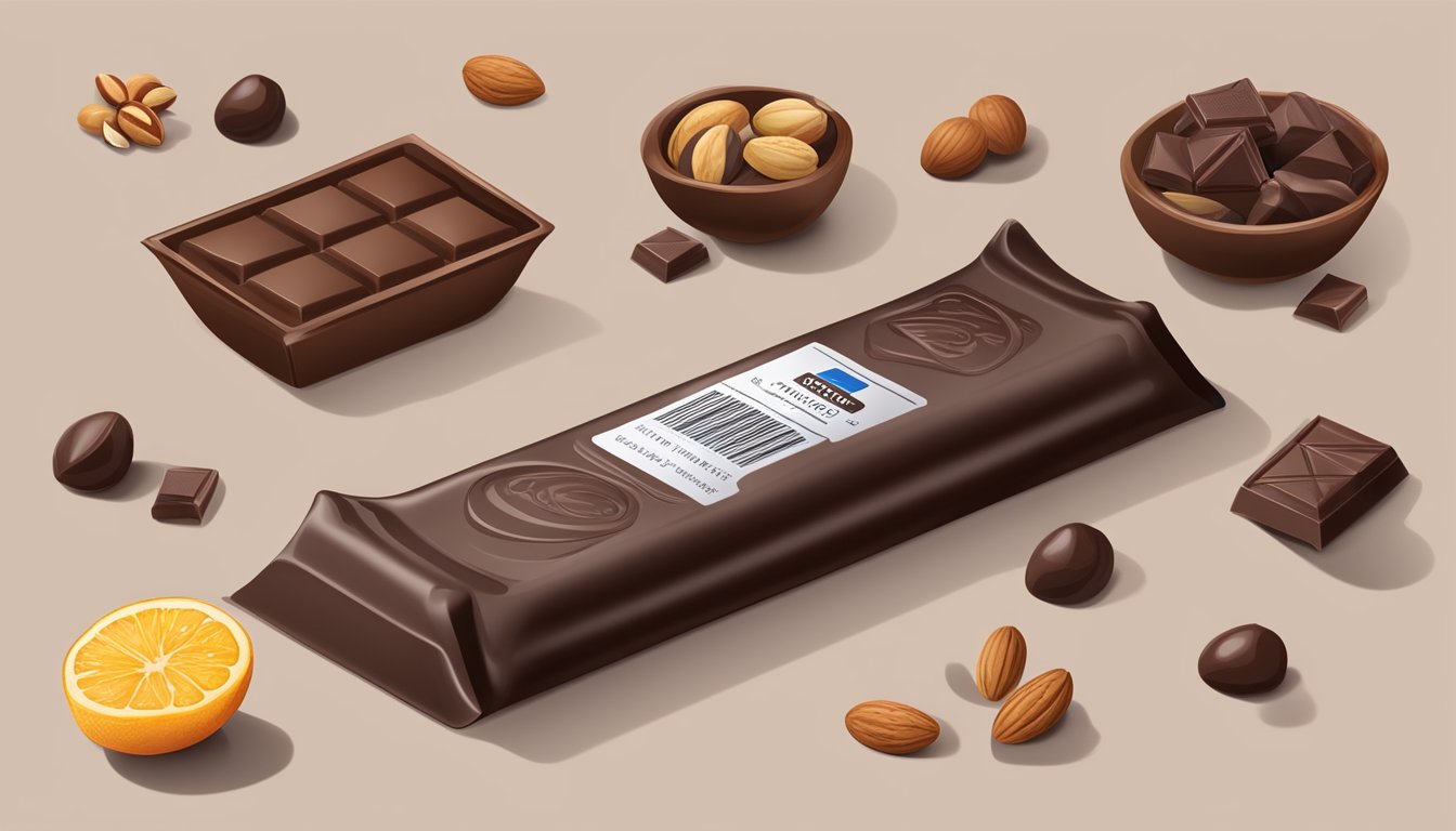 A dark chocolate bar surrounded by various nuts and fruits, with a nutrition label displayed next to it