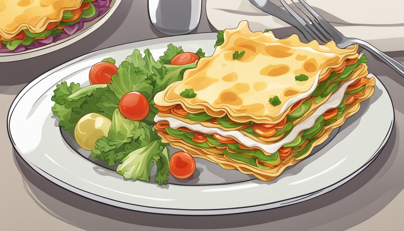 A plate with a portion of frozen lasagna, alongside a colorful salad and a serving of steamed vegetables, on a table