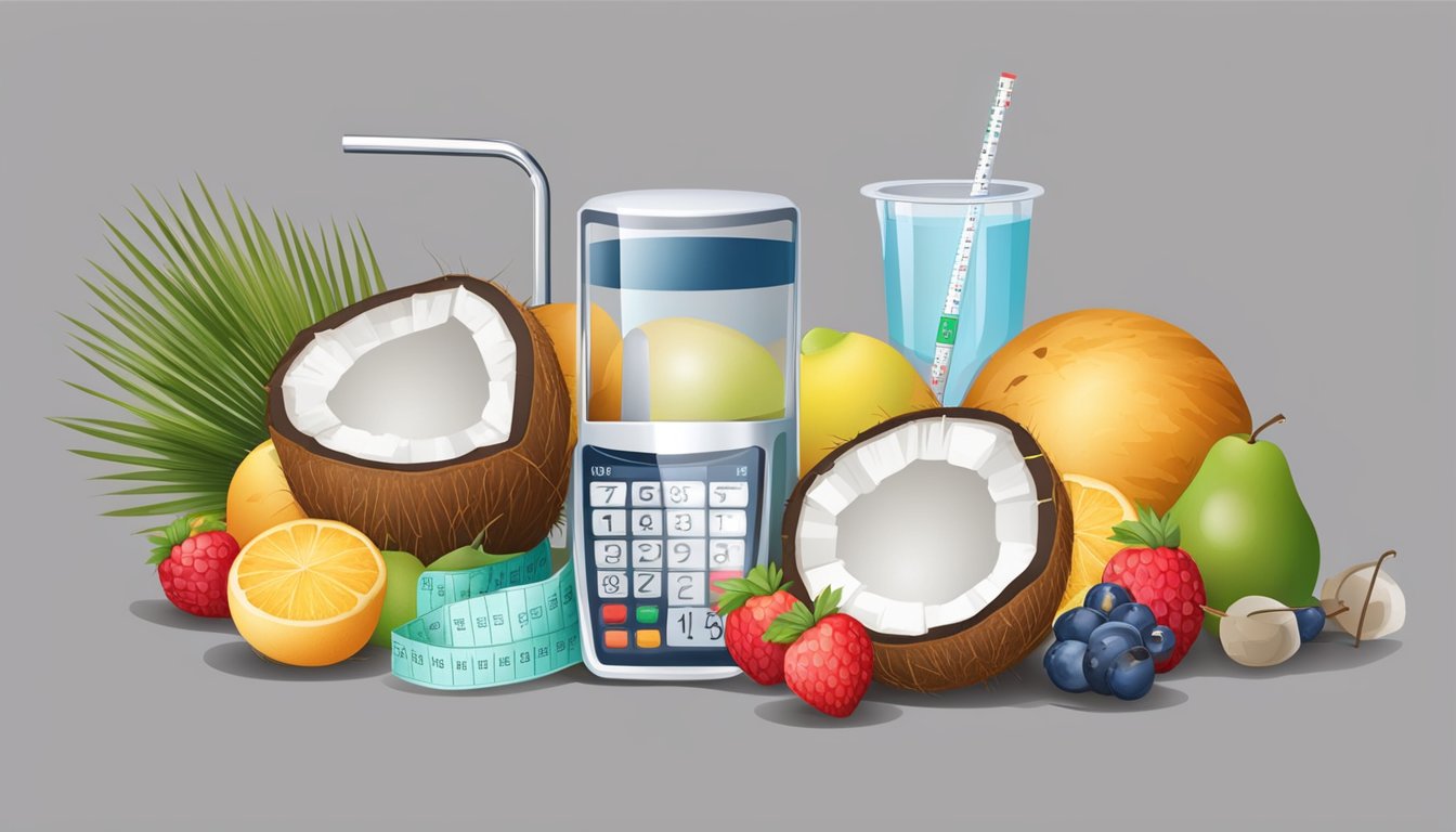 A coconut with a straw in it, surrounded by various fruits and a glucose meter