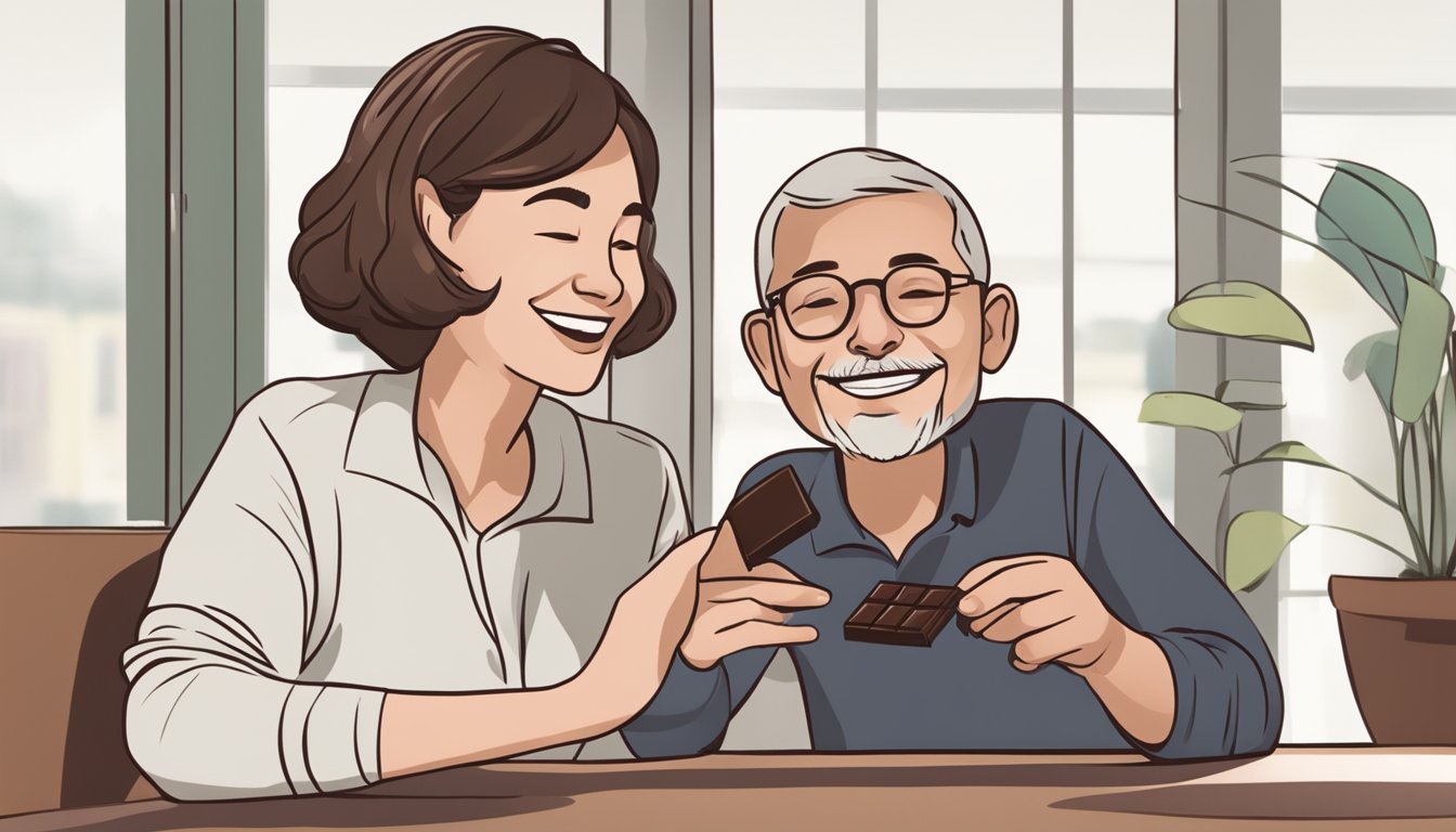 A person with diabetes enjoying a small piece of dark chocolate with a smile