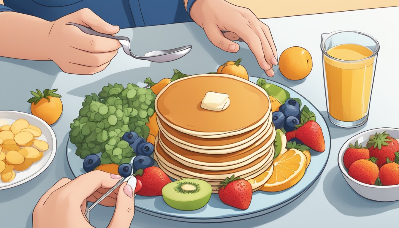 A person with diabetes holding a plate of frozen pancakes, surrounded by fruits, vegetables, and a measuring cup