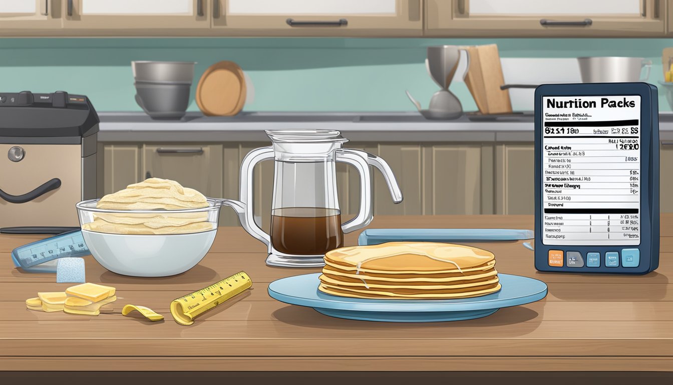 A kitchen counter with a stack of frozen pancakes, a nutrition label, a measuring cup, and a digital scale