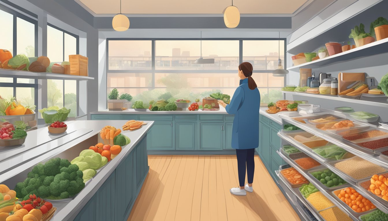 A person with diabetes standing in a kitchen, looking at a variety of food options including deli turkey, fruits, vegetables, and whole grains