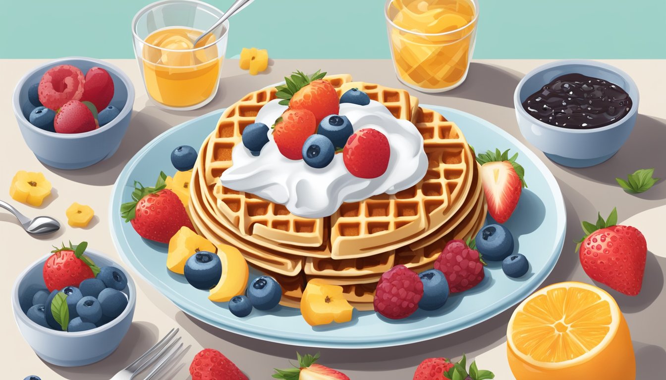 A plate of frozen waffles surrounded by a variety of diabetic-friendly toppings such as fresh fruit, sugar-free syrup, and low-fat yogurt