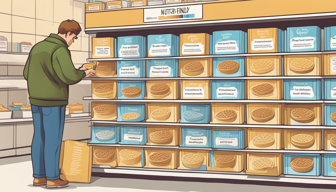 A person browsing frozen waffle boxes, comparing nutrition labels for diabetic-friendly options