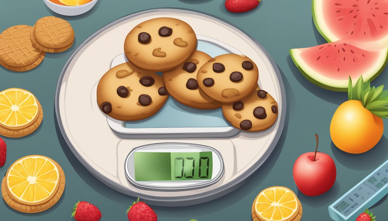 A plate of cookies next to a glucometer and a bowl of fruit