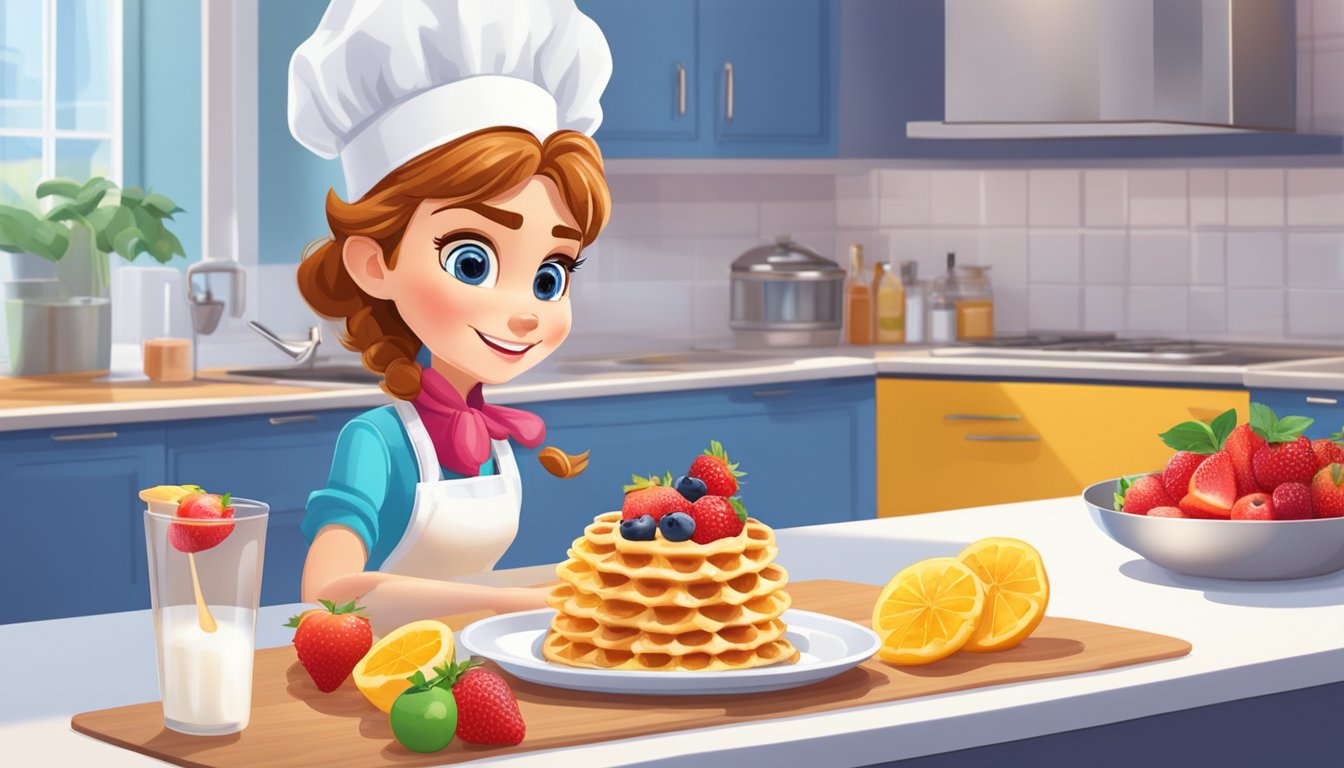 A person prepares a plate of customized frozen waffles with fresh fruit and sugar-free syrup on a brightly lit kitchen counter