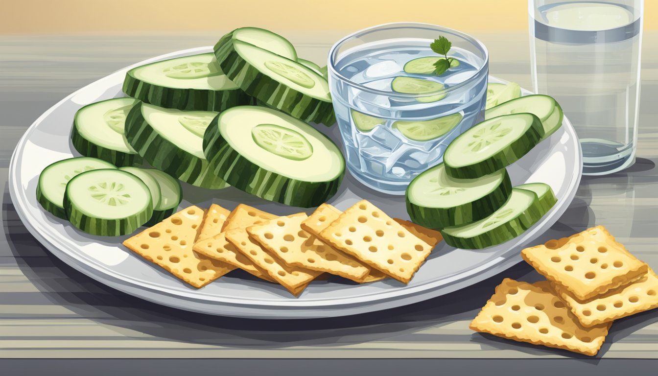 A plate of crackers with a spread of cheese and a few slices of cucumber, alongside a glass of water