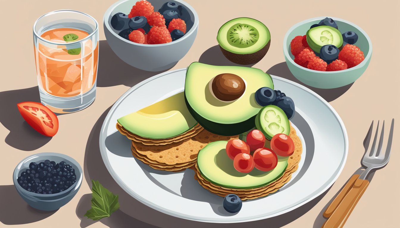 A plate with whole grain crackers topped with avocado, tomato, and cucumber slices, alongside a bowl of mixed berries and a glass of water