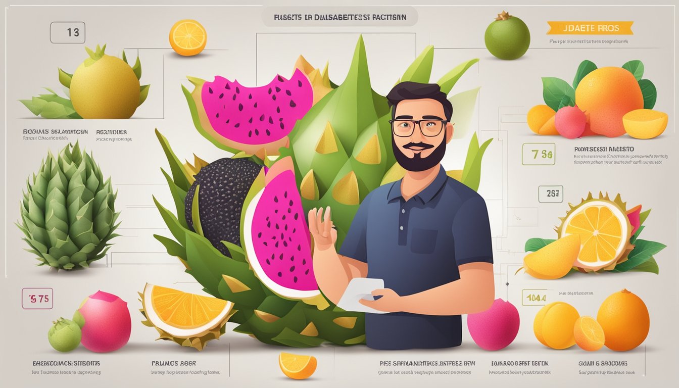 A person with diabetes holding a ripe dragon fruit, surrounded by a variety of fruits and a glycemic index chart