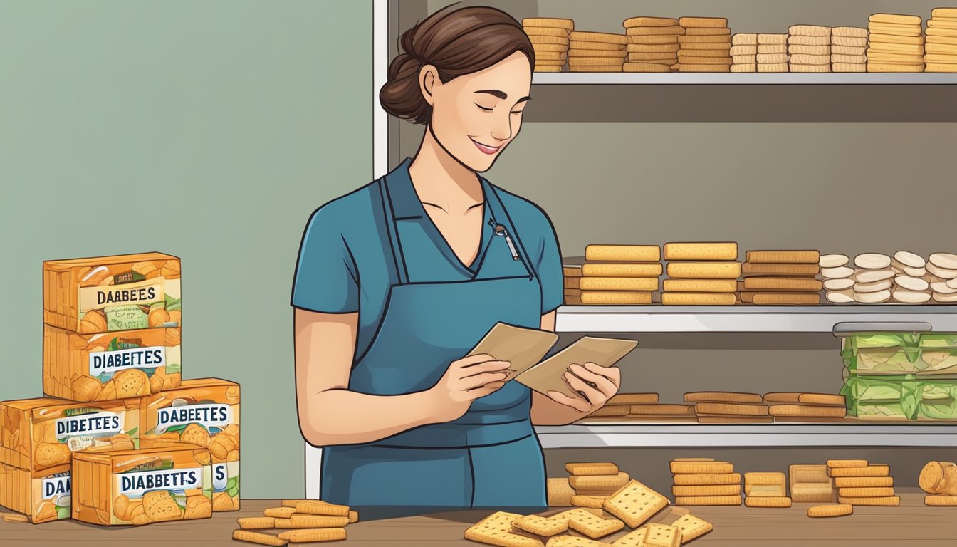 A dietitian nodding next to a variety of crackers with a "diabetes-friendly" label