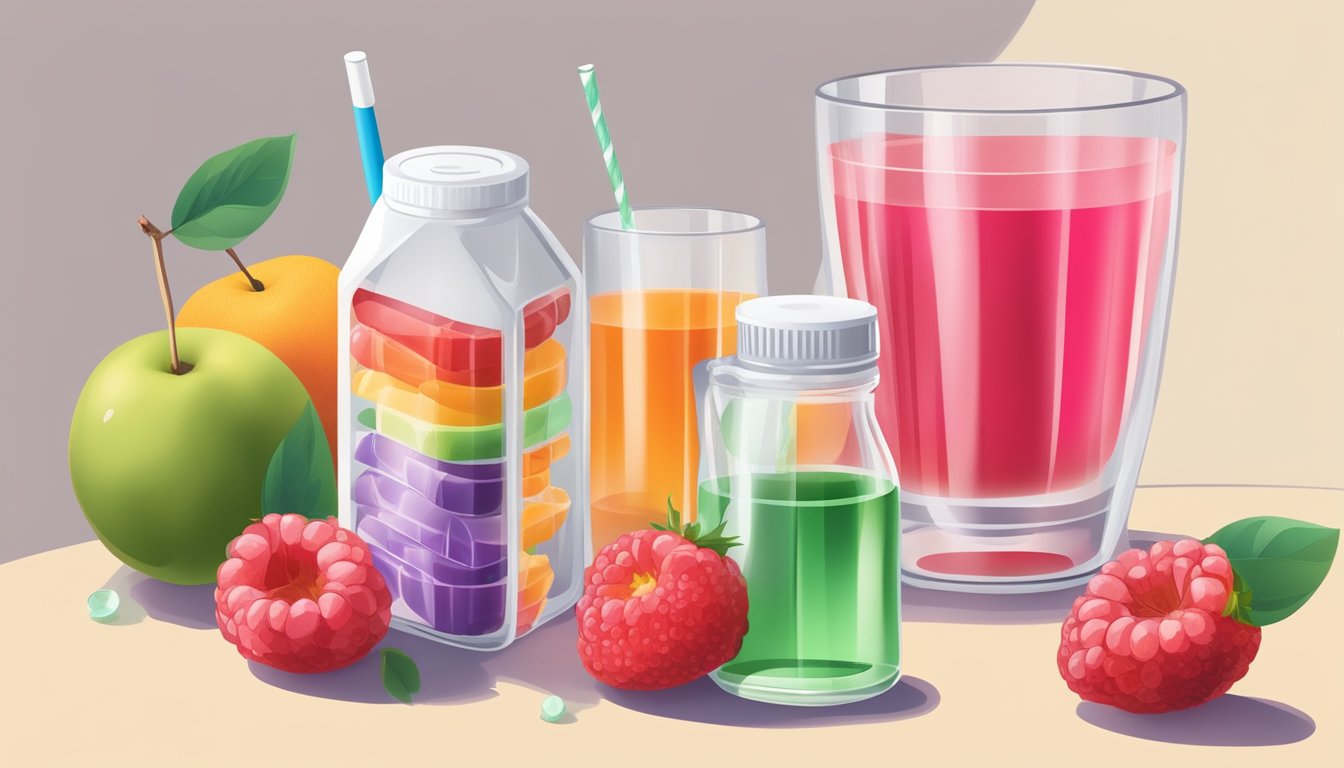 A glass of fruit juice surrounded by natural and artificial sweeteners, with a diabetic testing kit nearby