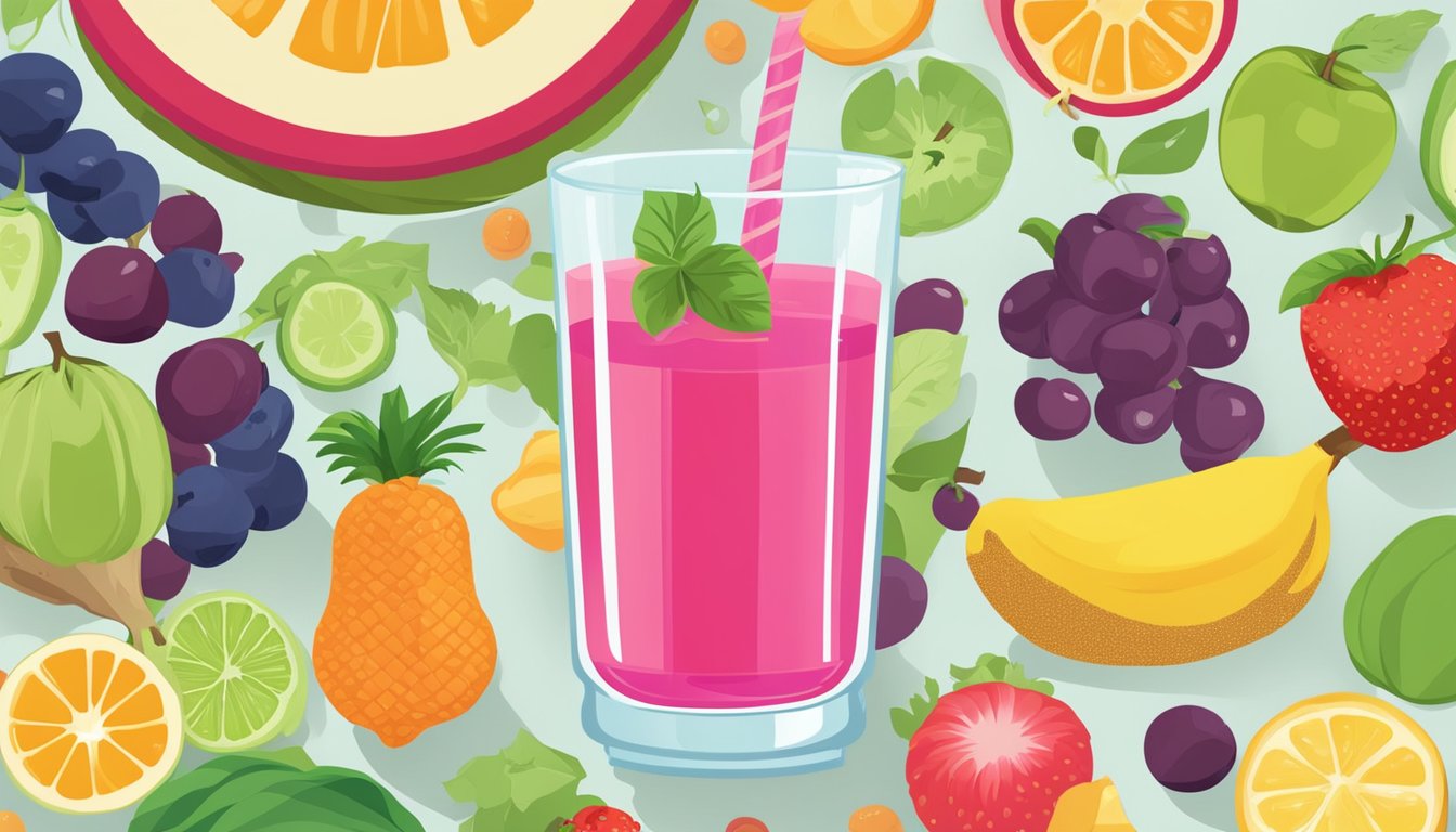 A glass of fruit juice surrounded by colorful fruits and vegetables, with a banner highlighting "Benefits of Fiber and Micronutrients"