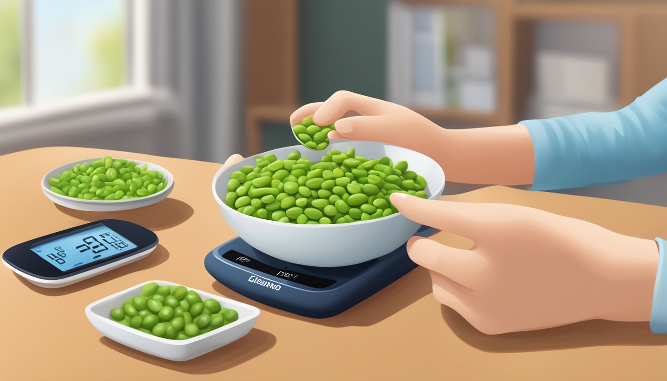 A person with diabetes enjoying a bowl of edamame while monitoring their blood sugar levels on a digital glucose meter