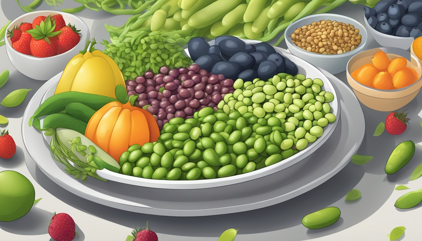 A plate of edamame surrounded by a variety of colorful fruits and vegetables, with a nutritional label visible in the background