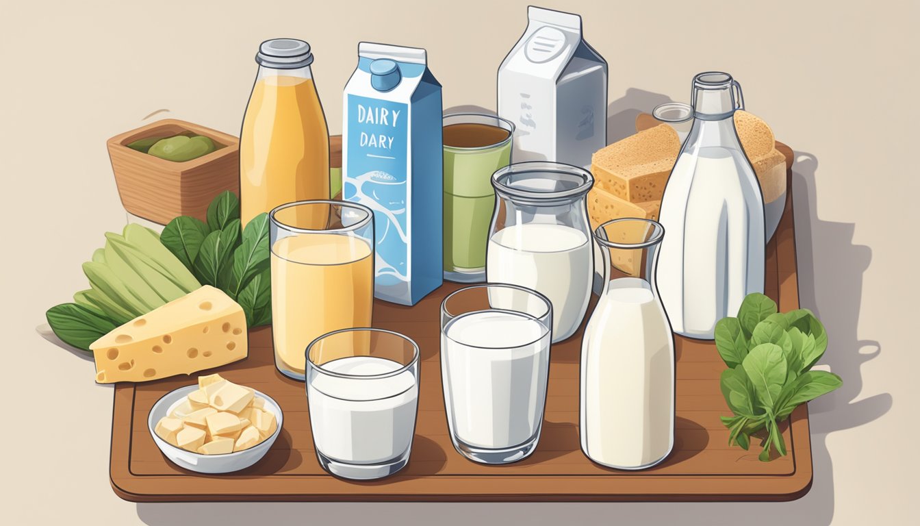 A person holding a glass of milk with various dairy and non-dairy alternatives displayed on a table