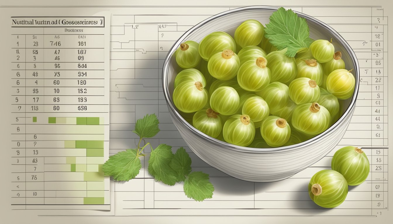 A bowl of gooseberries next to a nutritional chart, with a question mark