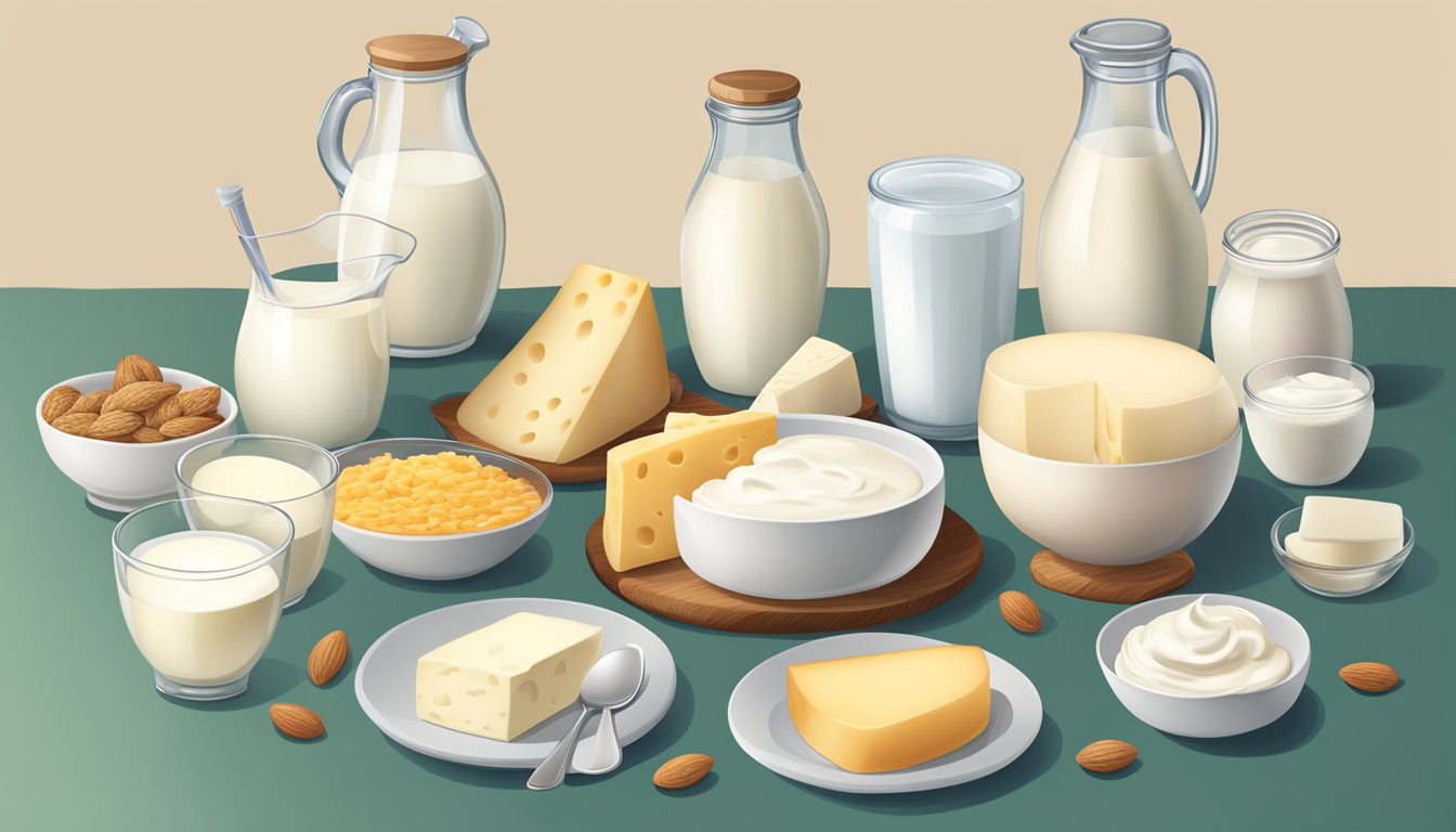 A table set with a variety of dairy and dairy alternative products, including milk, yogurt, cheese, almond milk, and tofu