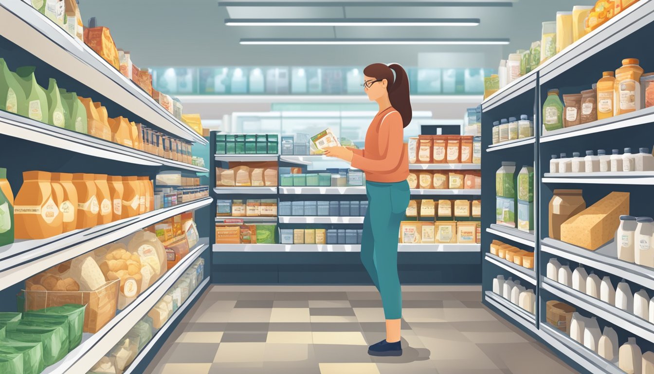 A person with diabetes comparing various dairy and dairy alternative products in a grocery store