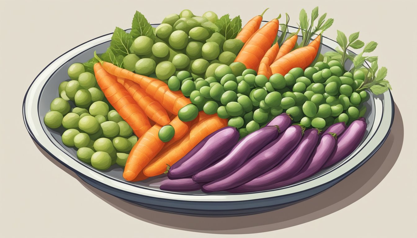 A colorful plate with a variety of vegetables, including edamame, arranged in an appealing and balanced manner