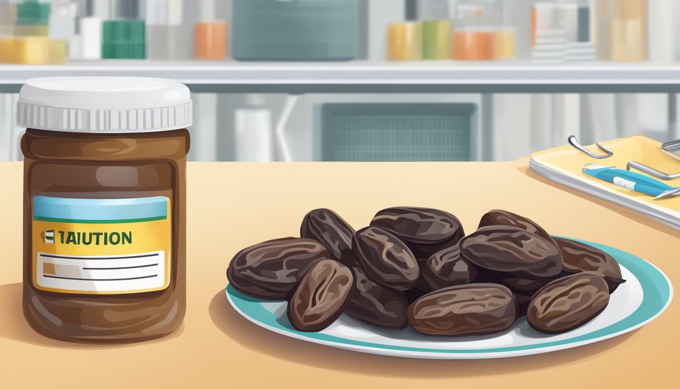 A plate of dates with a nutrition label, surrounded by a caution sign and a diabetic testing kit