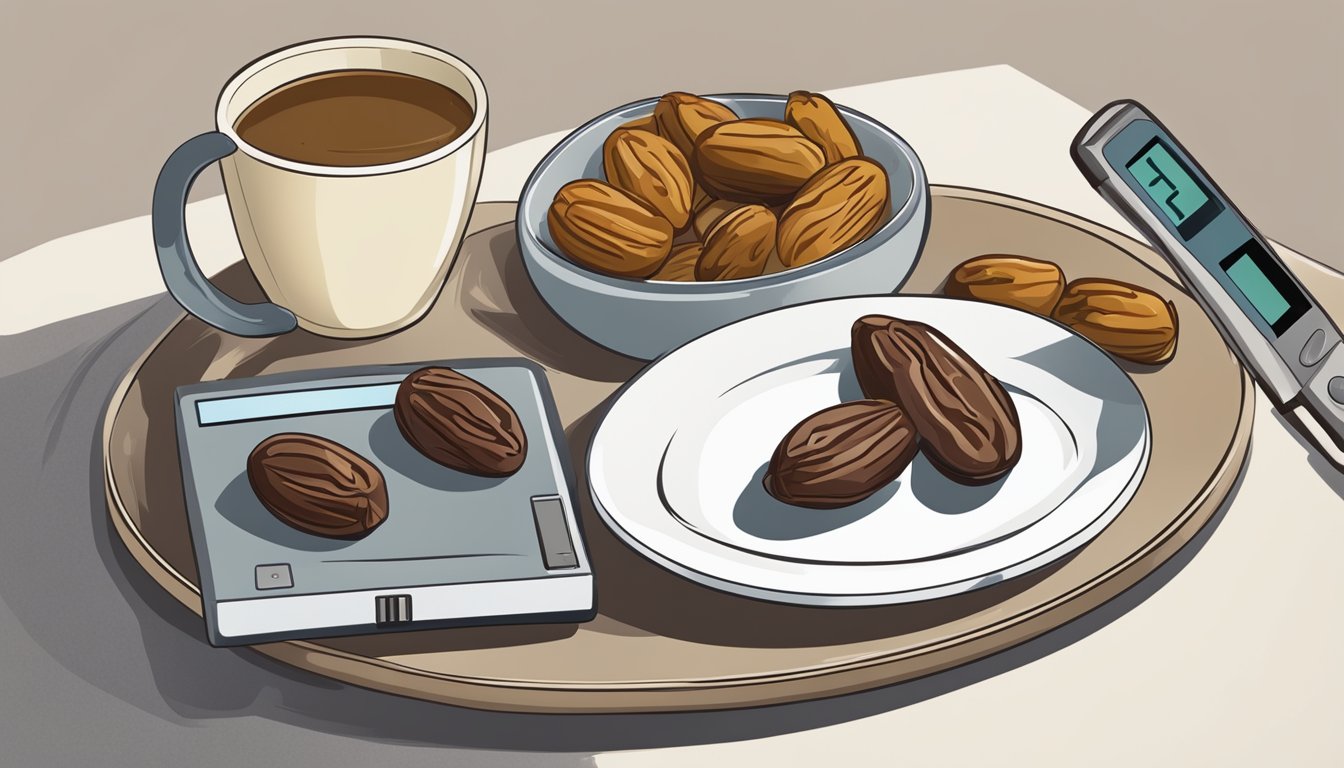 A plate with dates, a glucometer, and a worried expression