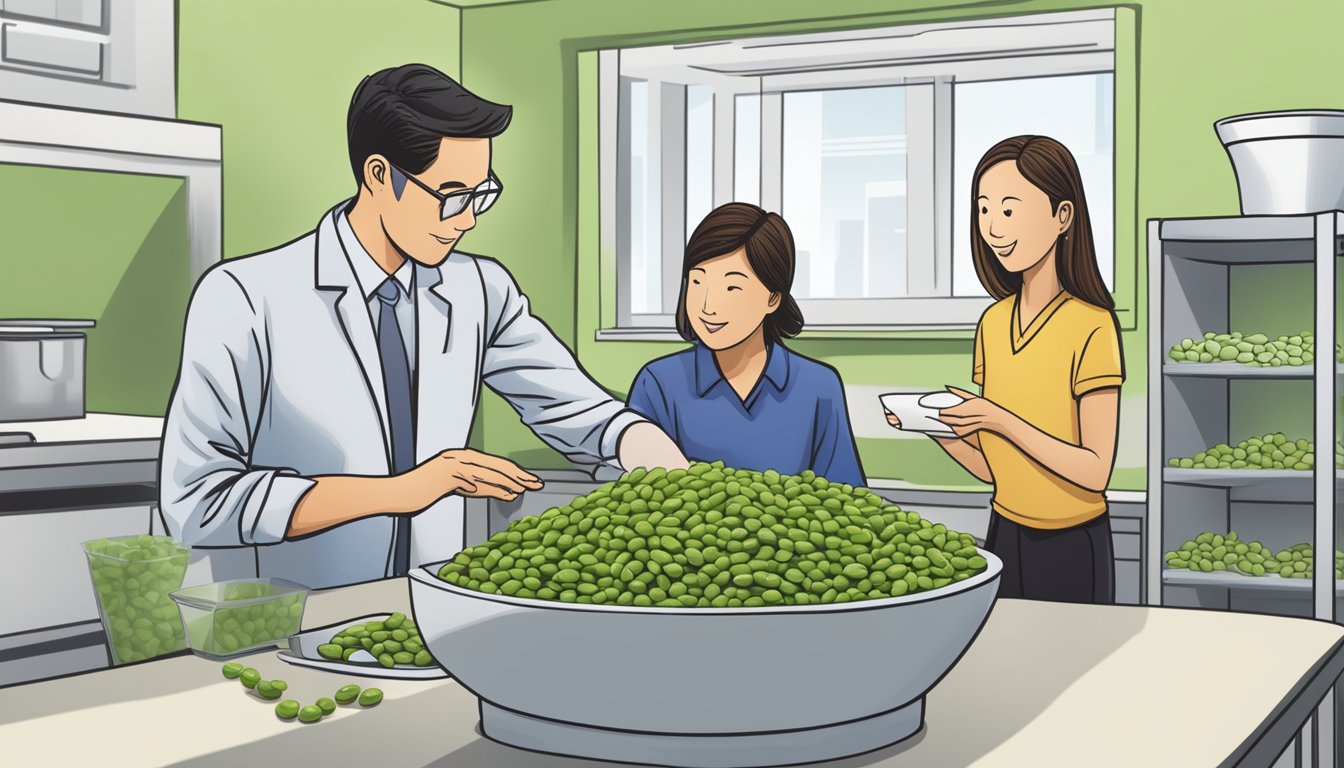 A dietician explaining edamame to a diabetic patient, with a display of edamame pods and a caution sign