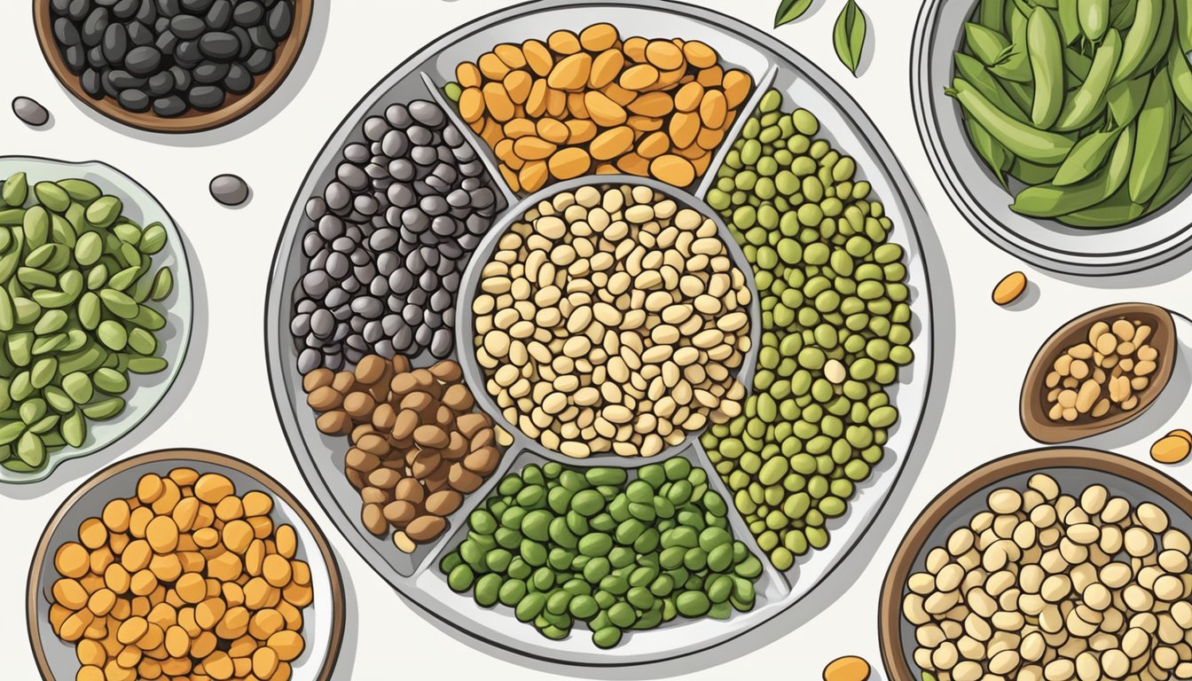 A plate with a variety of legumes and proteins, including edamame, arranged in a visually appealing way for comparison