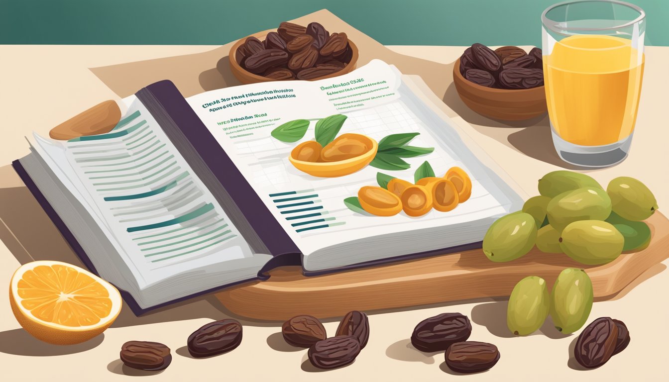 A table with a bowl of dates and a diabetes-friendly food guide book open to the page on fruit consumption