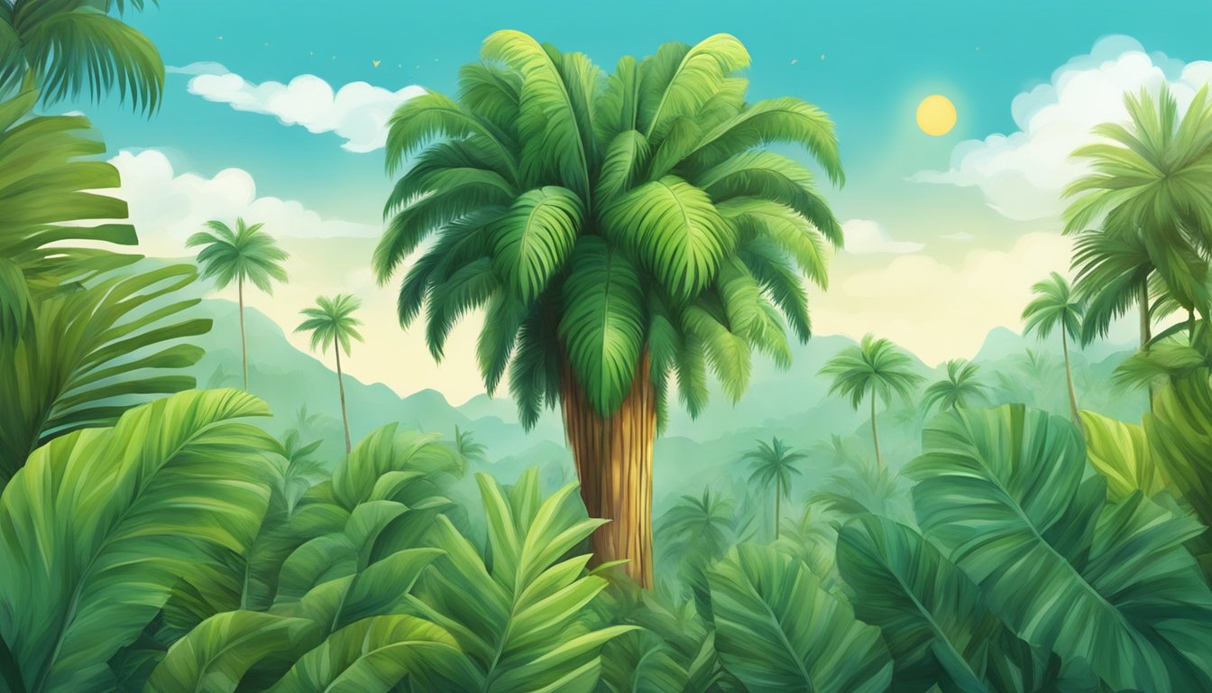 A tropical forest with tall palm trees and a cluster of heart of palm at the center