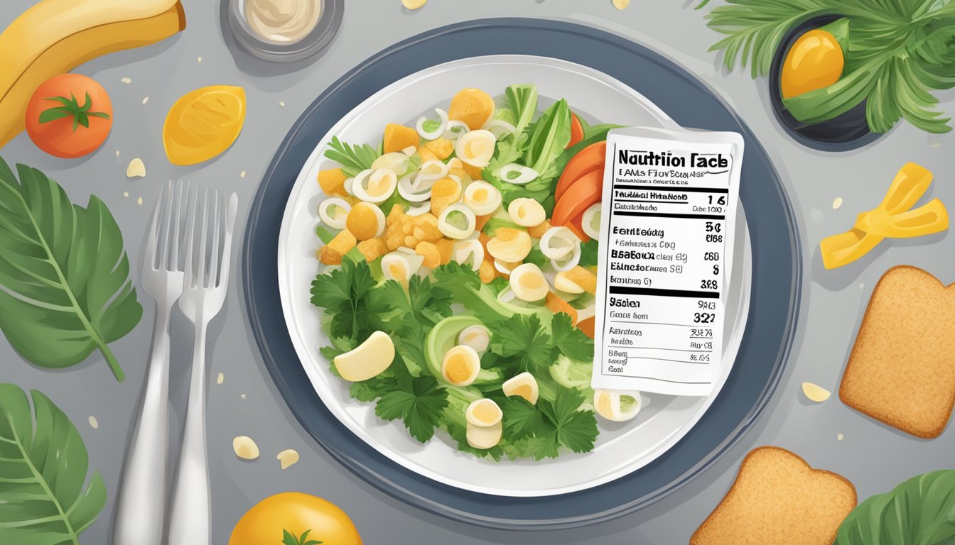 A plate of heart of palm salad with a nutrition label and a person with a diabetes awareness ribbon