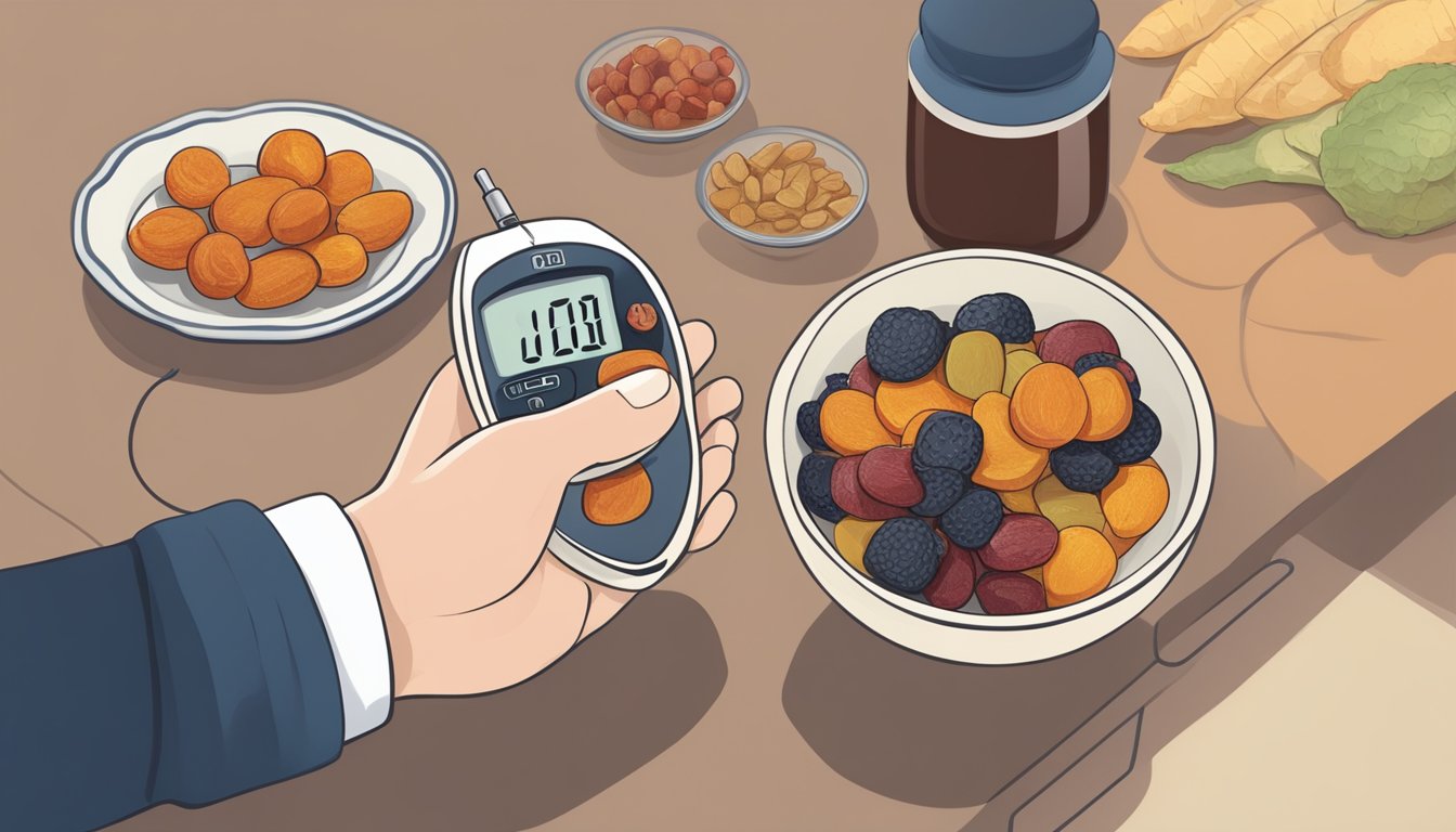 A person with diabetes holding a bowl of dried fruit and checking a blood sugar monitor