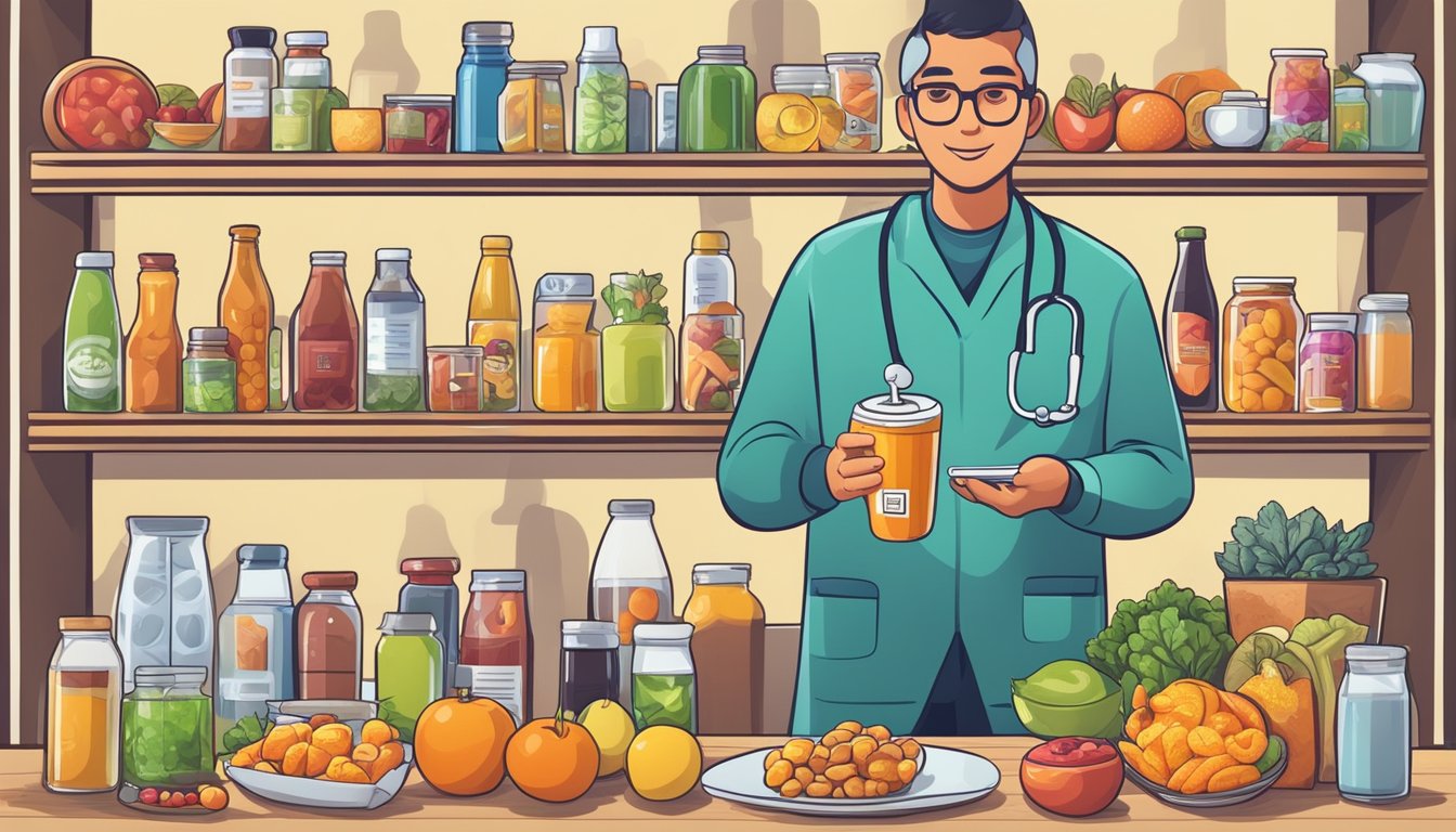 A diabetic individual holding an energy drink while surrounded by various healthy food options and a doctor's prescription