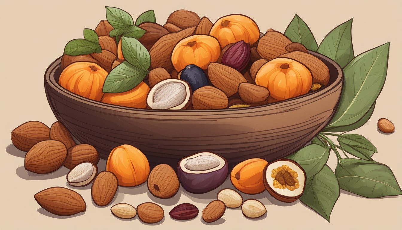 A bowl of assorted dried fruits, such as apricots, figs, and cranberries, arranged on a wooden cutting board next to a variety of nuts and seeds