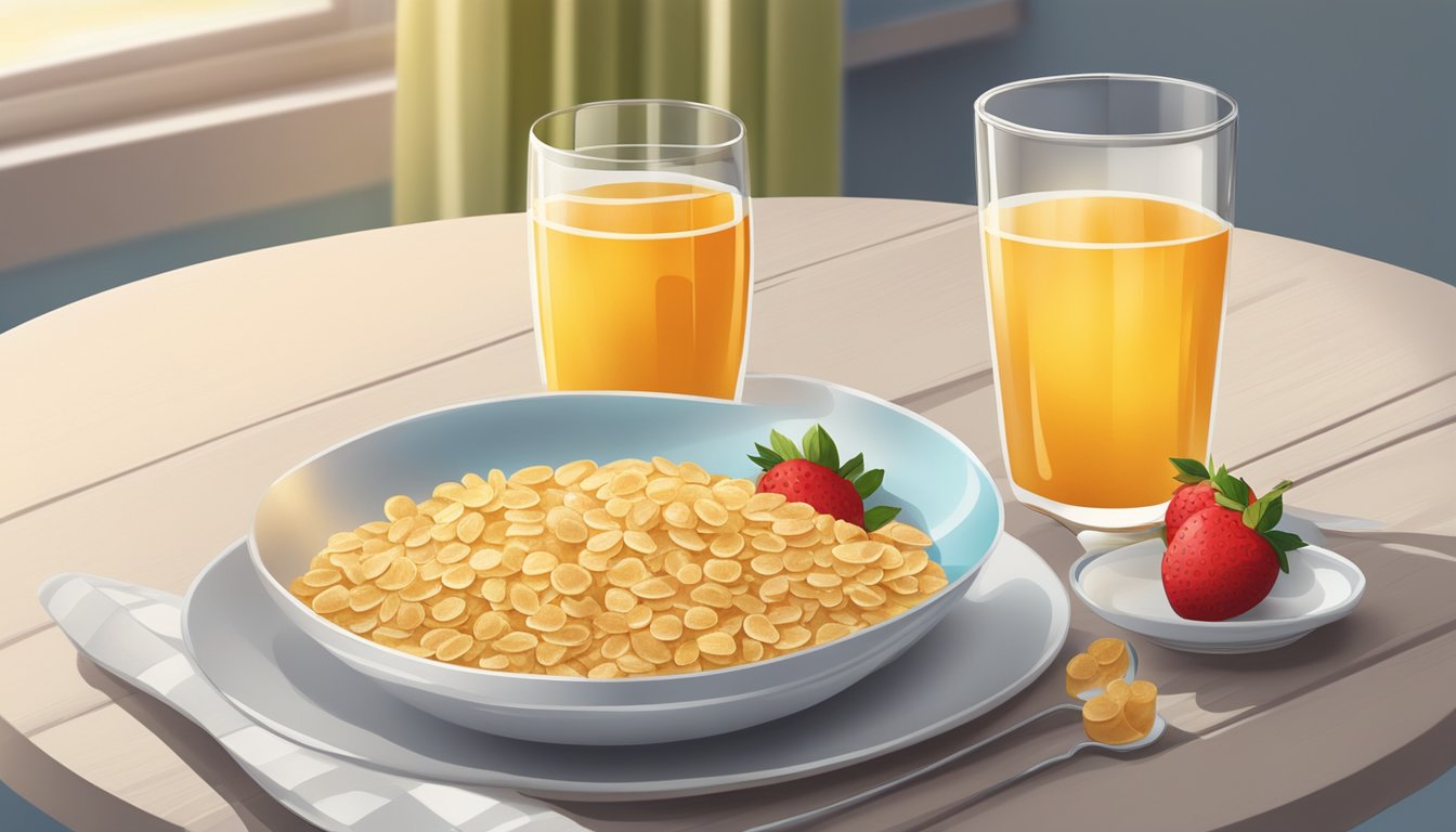 A bowl of honey-flavored oat cereal sits on a breakfast table, surrounded by a glass of water and a plate of fresh fruit