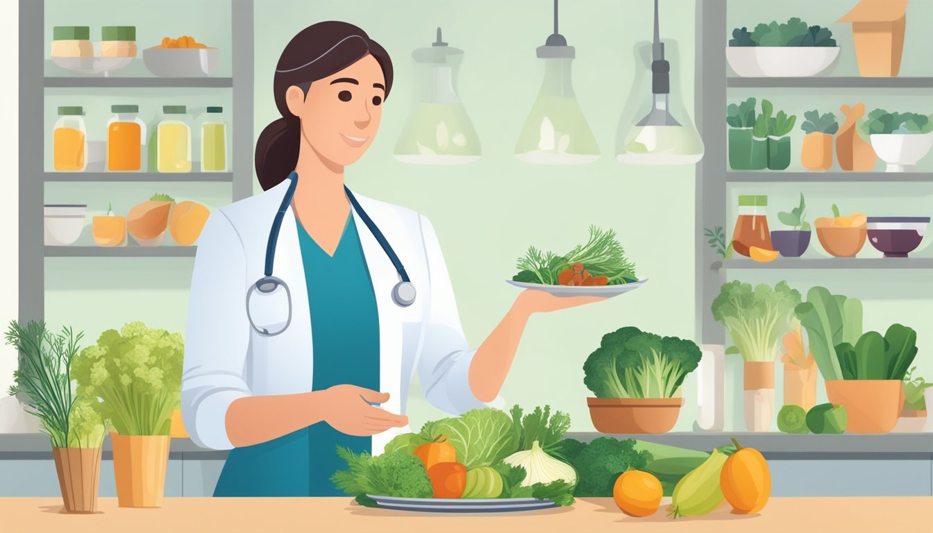 A person with diabetes holding a plate of fennel and other healthy foods, with a dietitian discussing dietary concerns